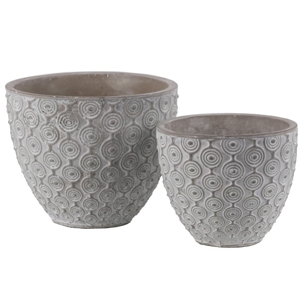 Cement Round Embossed Concentric Circle Design Pot, Set of 2, Gray