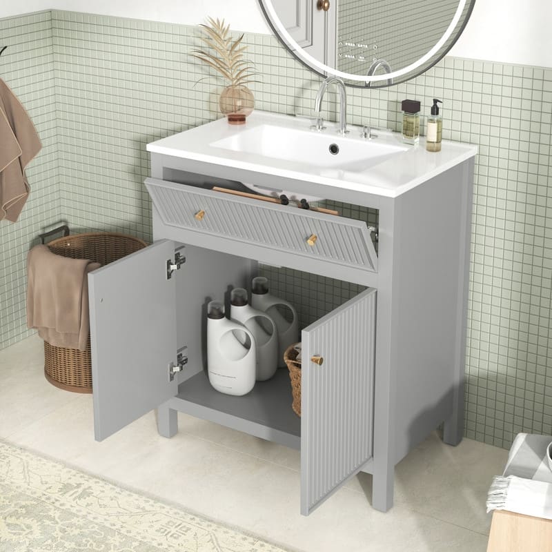 30'' Bathroom Vanity with Ceramic Sink, Free Standing Single Vanity Set with Soft Closing Doors, Modern Style, Grey