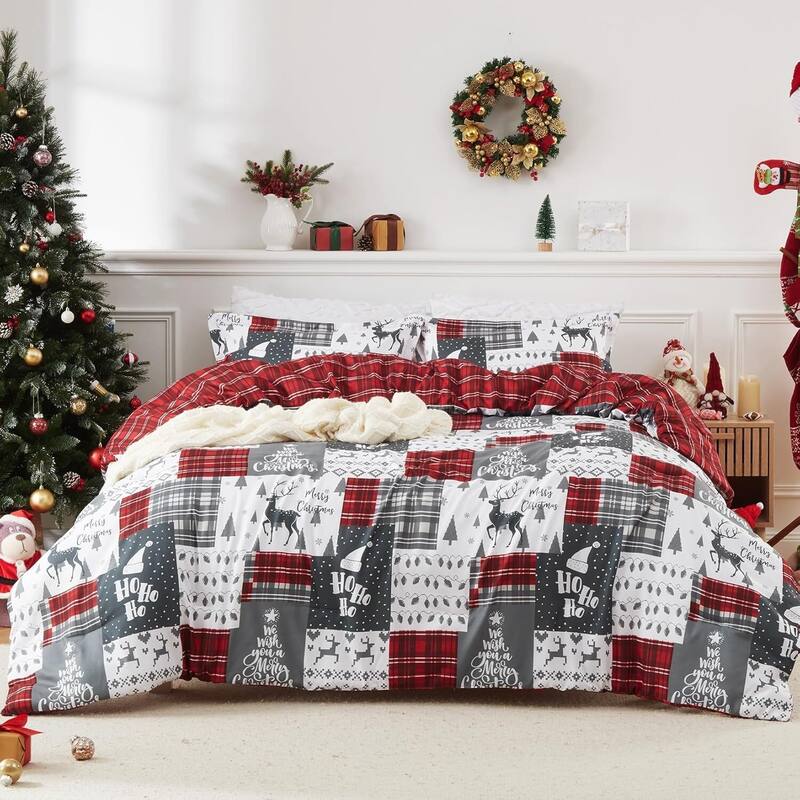 Reversible Christmas Comforter Bedding Set with Comforter and Pillow Shams - King