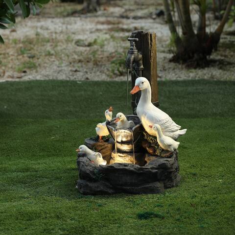 Resin Farmhouse Duck Family Outdoor Patio Fountain with LED Light
