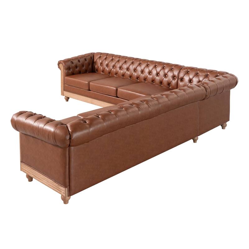 L-Shaped Sectional Sofa with Nailhead Trim & Wooden Legs, PU Leather Upholstered Sofa, Large Corner 6-Seater Sofa