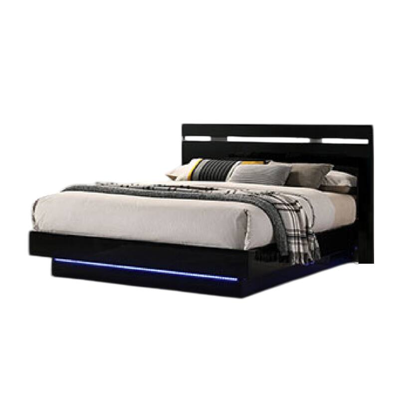 Pero King Size Bed w Silver Trimmed Headboard, LED Footboard, Black