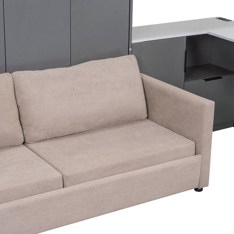 Queen Size Murphy Bed with Sofa, Space Saving Wall Bed with Desk Storage Shelves and Drawers for Home Office Pull Down Bed