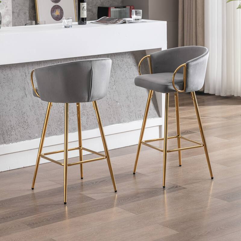 Set of 2 30" Bar Stools, Gray Velvet with Chrome Footrest & Gold Legs