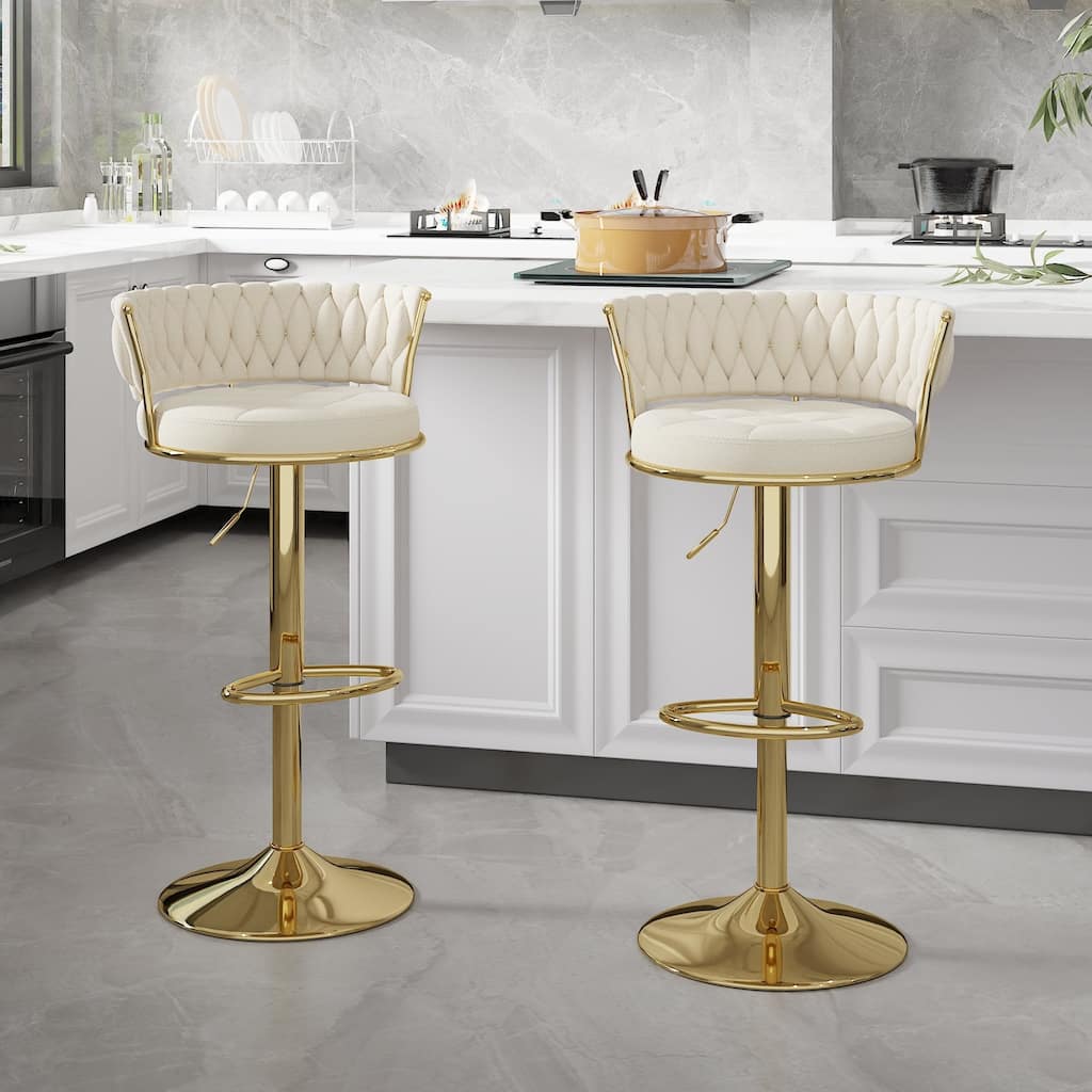 Javlergo 4 Colors Bar Stools Set of 2 Elegant Velvet Swivel Bar Stools with Adjustable Height Woven Back & Golden Base