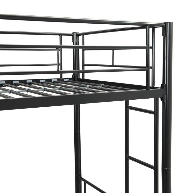 Black Twin over Twin Size Metal Bunk Bed with trundle, Ladder and Fence for Bedroom
