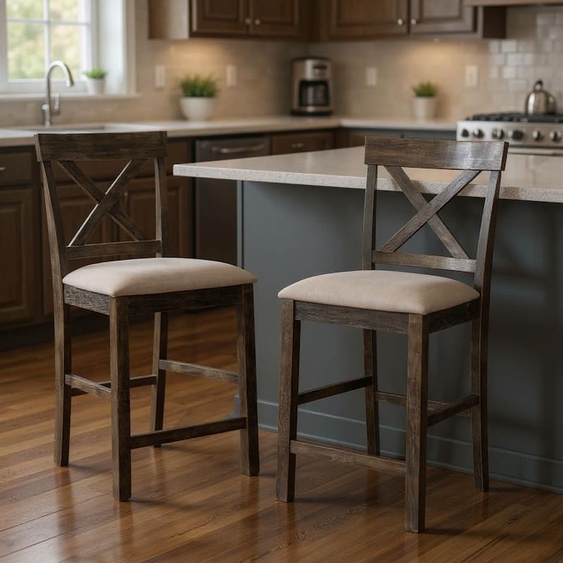 HomeRoots Set of Two 26" Tan and Dark Gray Linen and Solid Wood Counter Height Bar Chairs - Counter Height - Tan - Set of 2