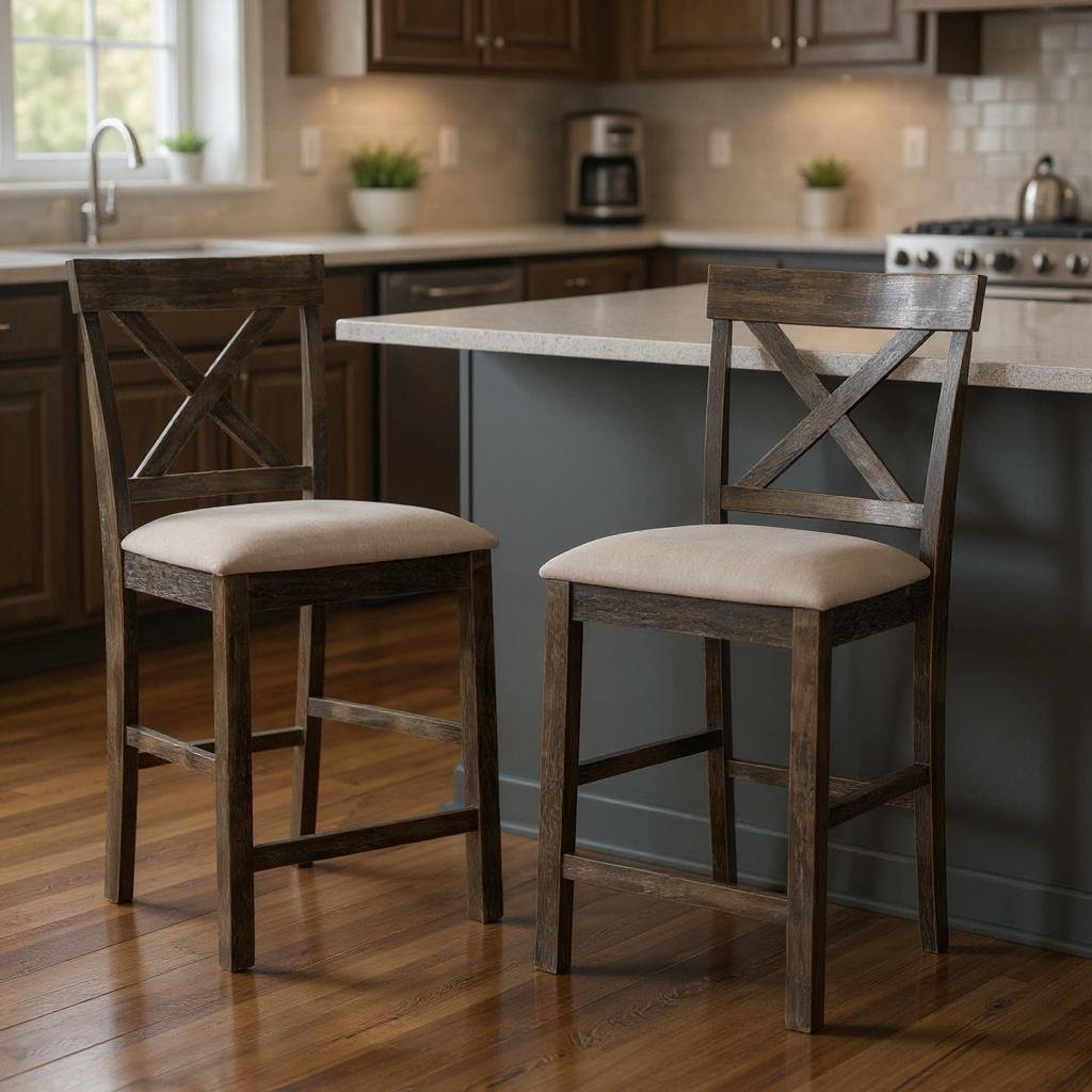 HomeRoots Set of Two 26" Tan and Dark Gray Linen and Solid Wood Counter Height Bar Chairs