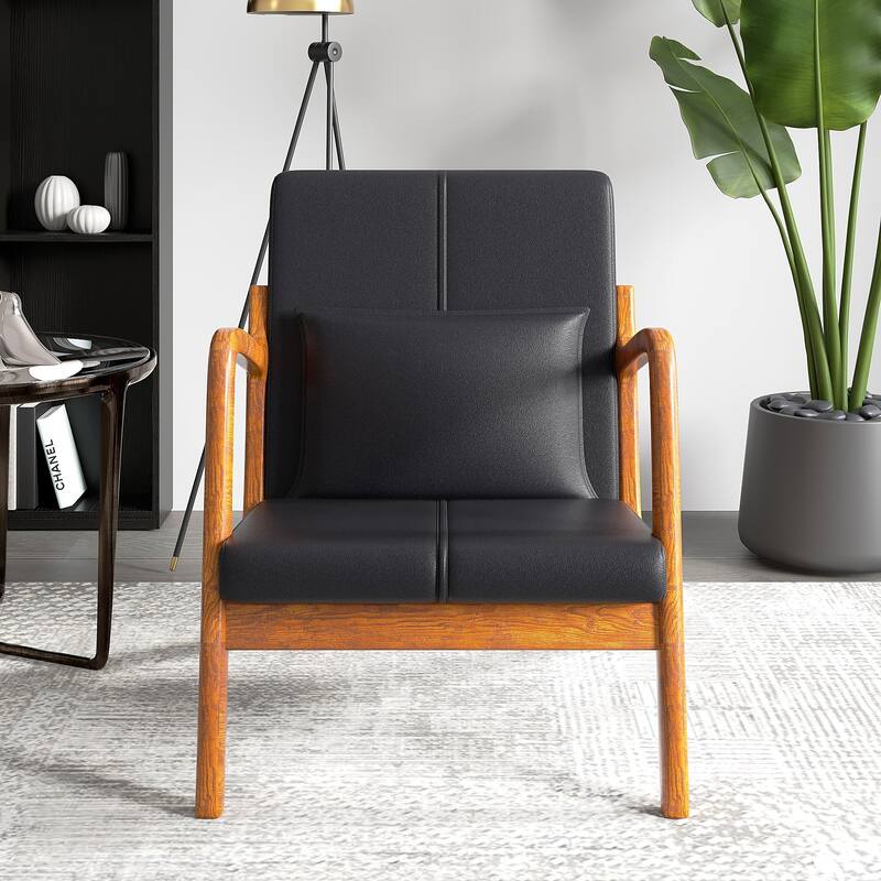 Javlergo Accent Chair Comfy Armchair with Lumbar Pillow and Thick Cushion Lounge Chair with Wood Frame Upholstered Arm Chair - Black