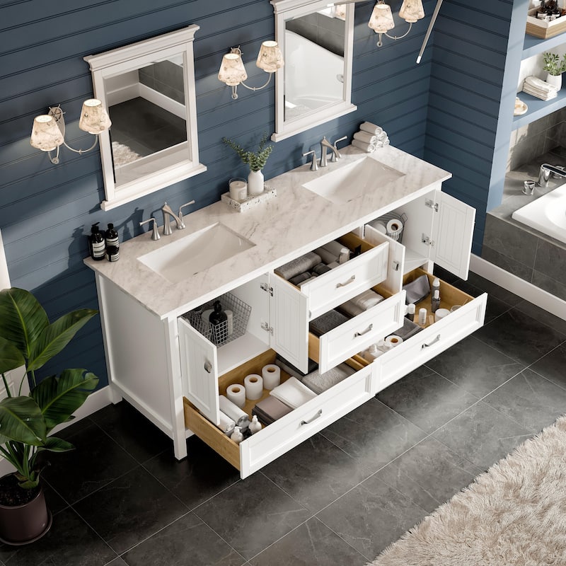 Eviva Britney 72"W DS Bath Vanity with Carrara Quartz Vanity Top