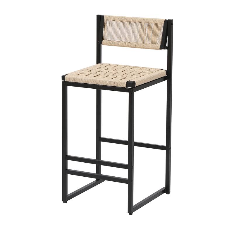 Paper Rope Woven Bar Stools Set of 2, Dining Chairs with Metal Frame, Kitchen Bar Stools with Back and Footrest
