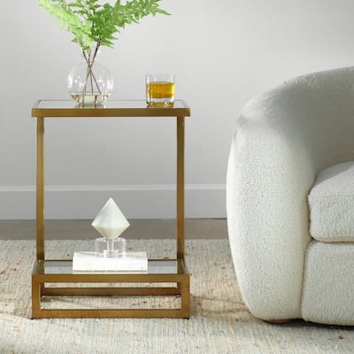 Double Floating Glass Accent Table - 24.25" - Clear and Brass Finish
