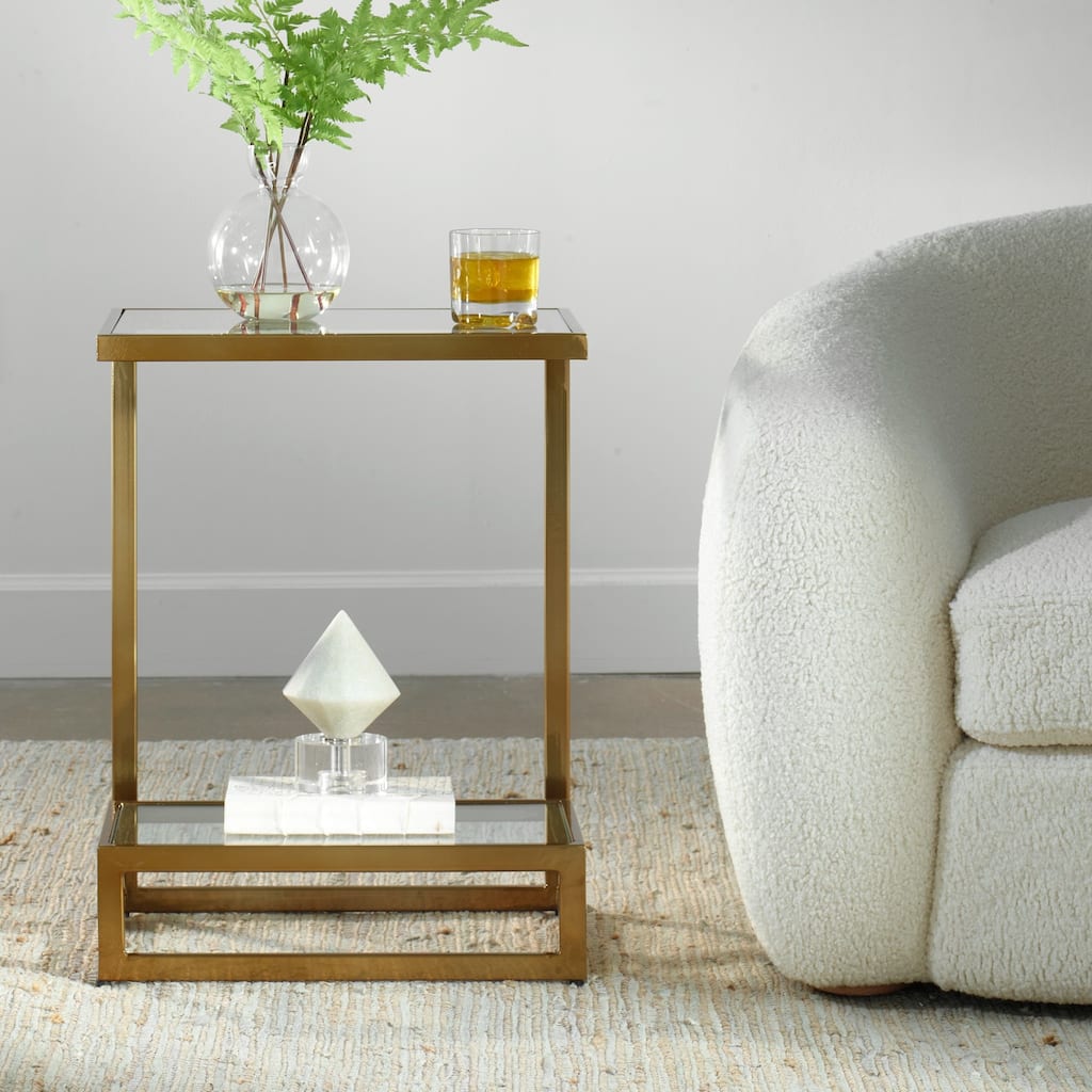 Double Floating Glass Accent Table - 24.25" - Clear and Brass Finish