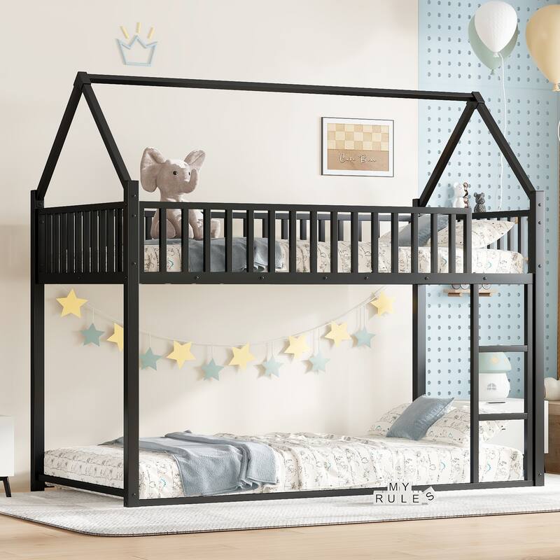 Roomfitters Metal Twin House Bed Frame with Guardrails & Detachable Slats, Convertible Floor to Loft Design, Black
