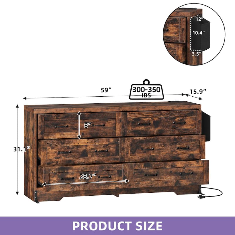 Vintage 6 Drawers Double Dresser Chest of Drawers with Charging Station