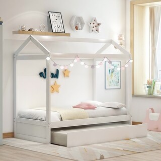 Solid Pine House Bed Frame Twin Size with Trundle Bed,Can Be Decorated