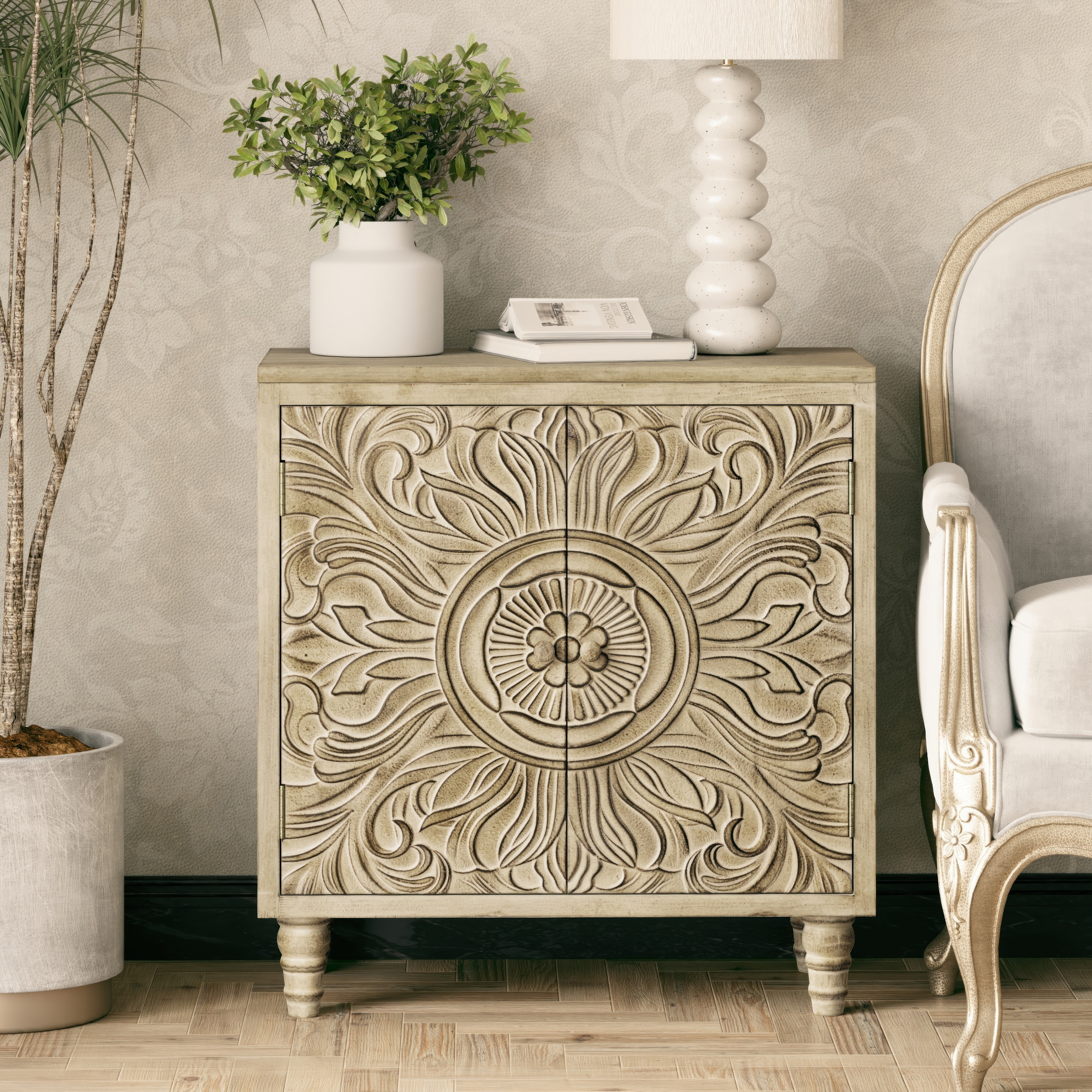 COZAYH Farmhouse Storage Cabinet with Craft Flower Motif Front, Distressed Boho Buffet Cabinet, French Country, Weathered White