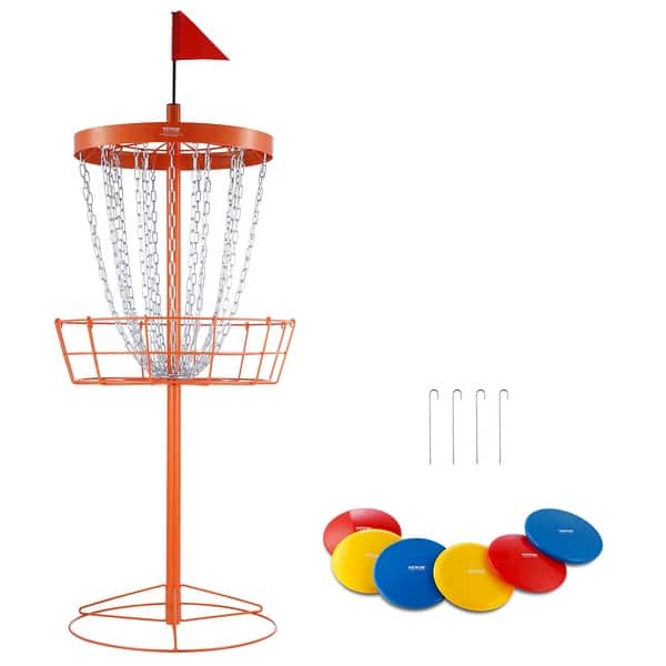 slide 2 of 18, VEVOR Disc Golf Basket Heavy Duty Steel Practice Disc Golf Course Basket, Indoor & Outdoor Pro Golf Basket Set Orange + 6 extra discs