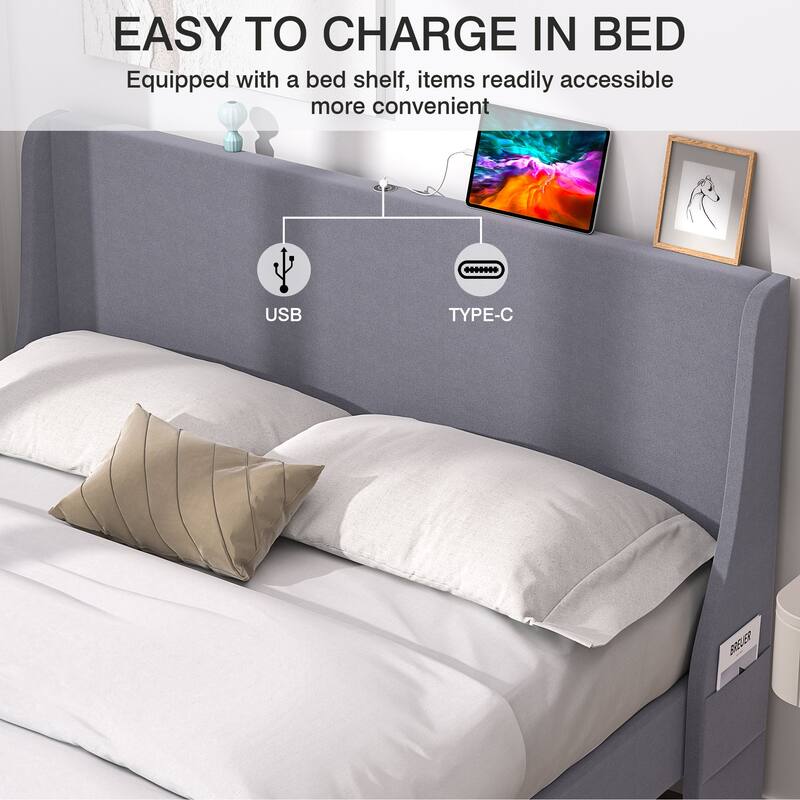 VECELO Bed Frame with Upholstered Wingback Headboard,Platform Bedframe with Charging Station & Side Pockets