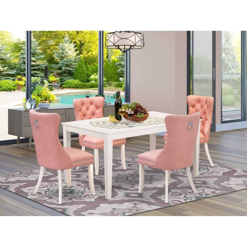 5-Piece Rectangular Linen White Finish Solid Wood Top-Upholstered Dining Room Set-Seats 4
