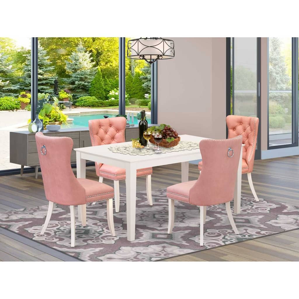 5-Piece Rectangular Linen White Finish Solid Wood Top-Upholstered Dining Room Set-Seats 4