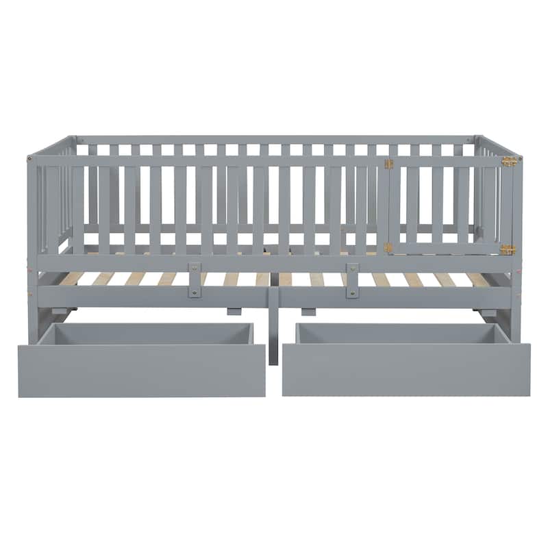 Gray Twin Size Solid Wood Daybed with Fence Guardrails and 2 Drawers, Split into Two Beds