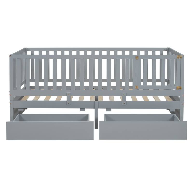 Pine Wood Daybed Floor Bed Frame with Fence Guardrails and 2 Drawers, Converts into Two Individual Beds, No Box Spring Needed