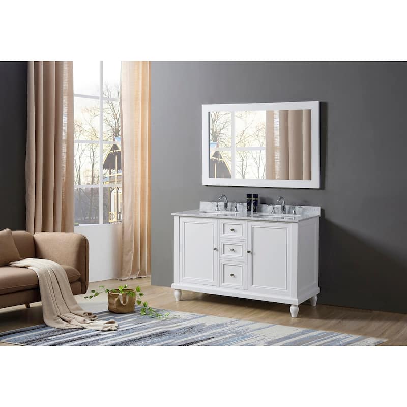 Classic 48 in. Vanity in White with White Carrara Marble Top and 1 large mirror