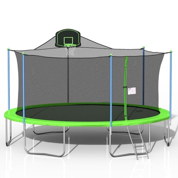 16FT Trampoline With Enclosure Net and Ladder Metal Green Bed