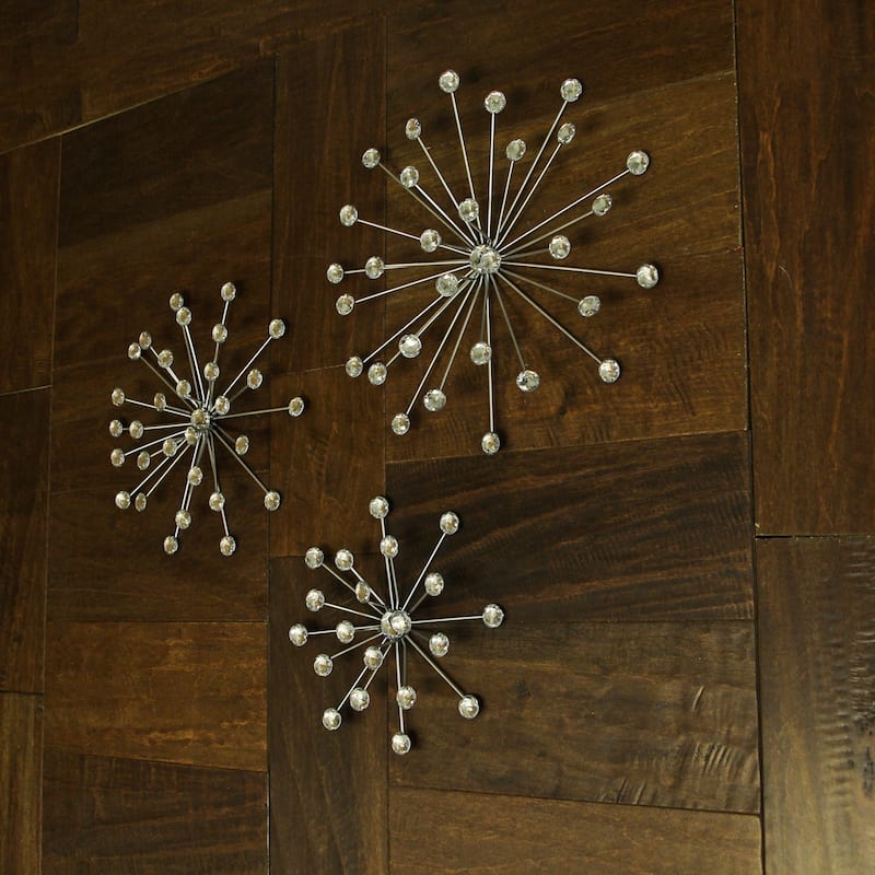 Jeweled Metal Sunburst Wall Mounted Hanging Sculpture Set Of 3