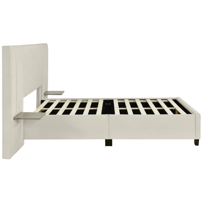 Beige Queen Size Modern Velvet Bed with Large Headboard