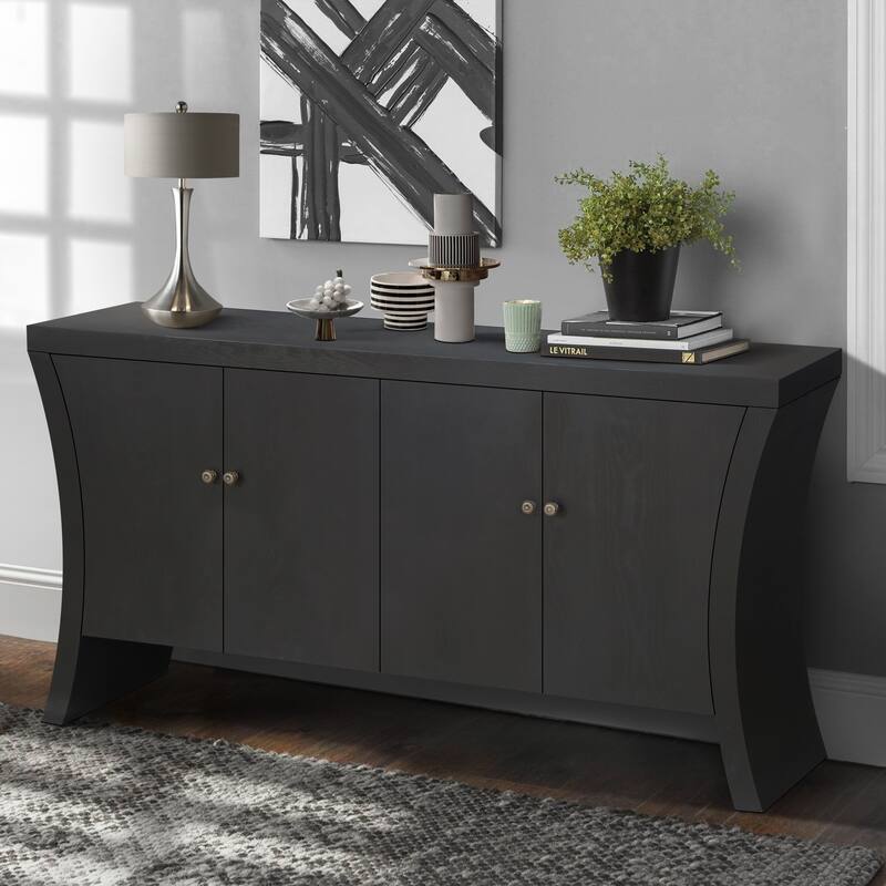 4 Door Sideboard Cabinet with Wooden Arc Legs, Kitchen Buffet Cabinet with Bronze Clasps, Storage Cabinet with Shelves