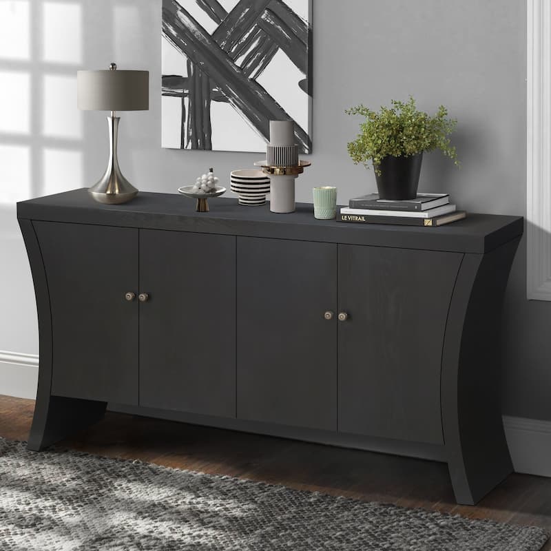 GDFStudio - Industrial 4-Door Credenza with Wooden Arc Legs & Bronze Clasps, Solid Wood Storage Cabinet