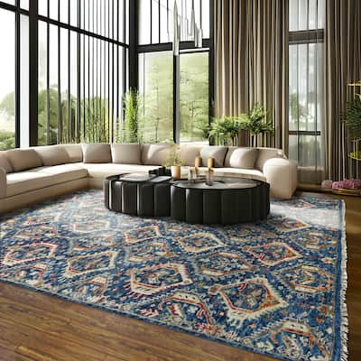 Hand Knotted Transitional Navy Wool Oriental Rug Turkish Oushak - 8' x 9' 11''