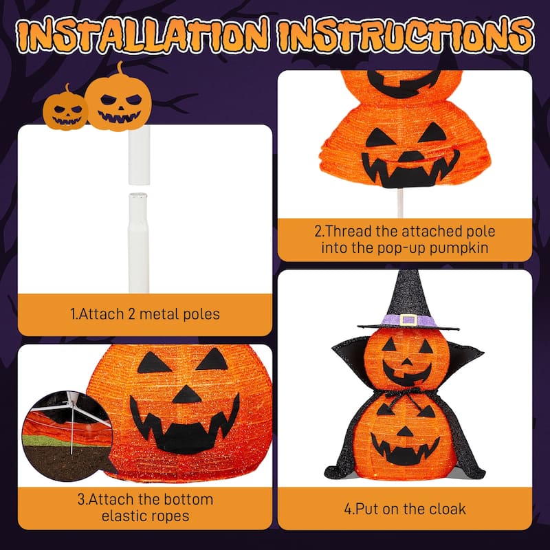 2-Pack 3 Feet Halloween Pumpkin Decorations with 176 Warm LED Lights for Indoor or Outdoor Use - 12"Dia x 36"H
