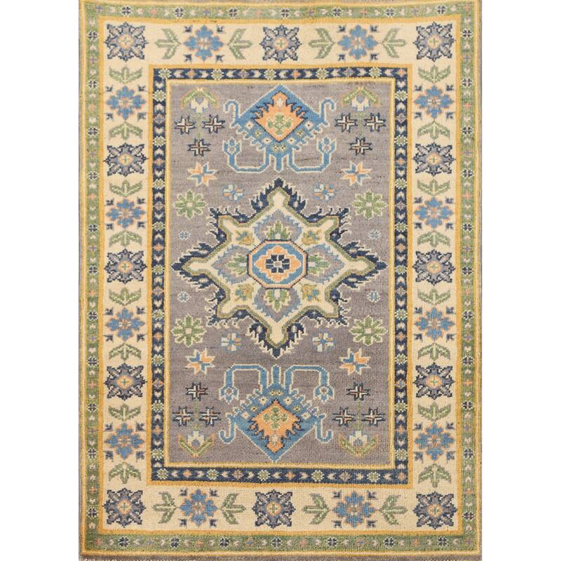Gray Geometric Kazak Oriental Accent Rug Handmade Wool Carpet - 2'9" x 3'10"