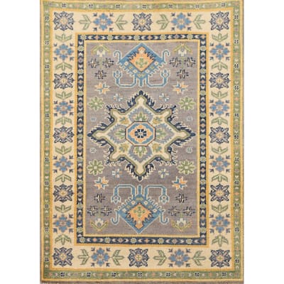 Gray Geometric Kazak Oriental Accent Rug Handmade Wool Carpet - 2'9" x 3'10"