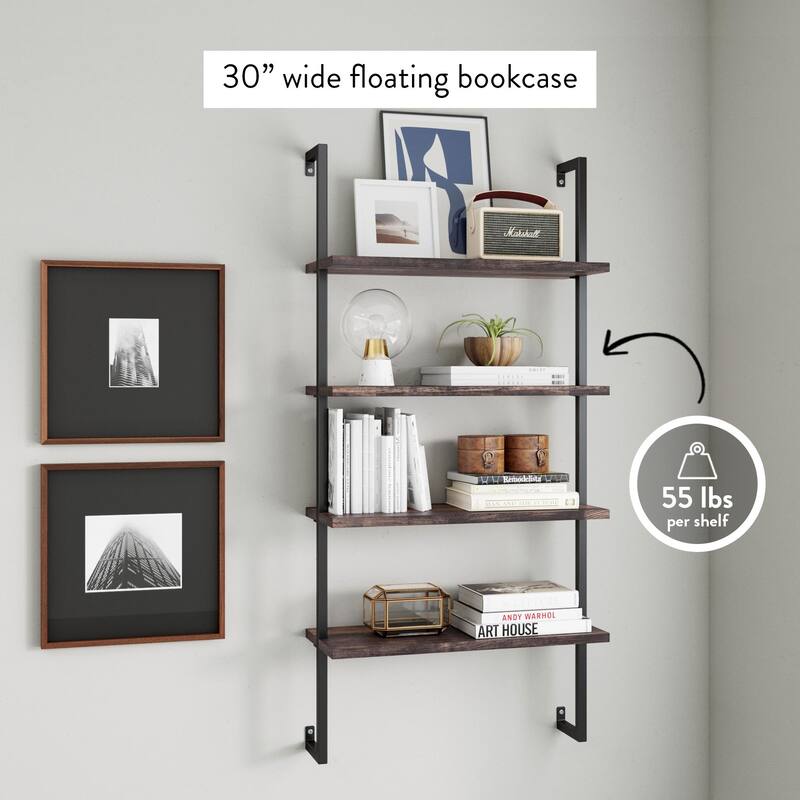 Nathan James Theo 4-Shelf Bookcase Floating Wall Mount Natural Wood Industrial Pipe Metal Frame