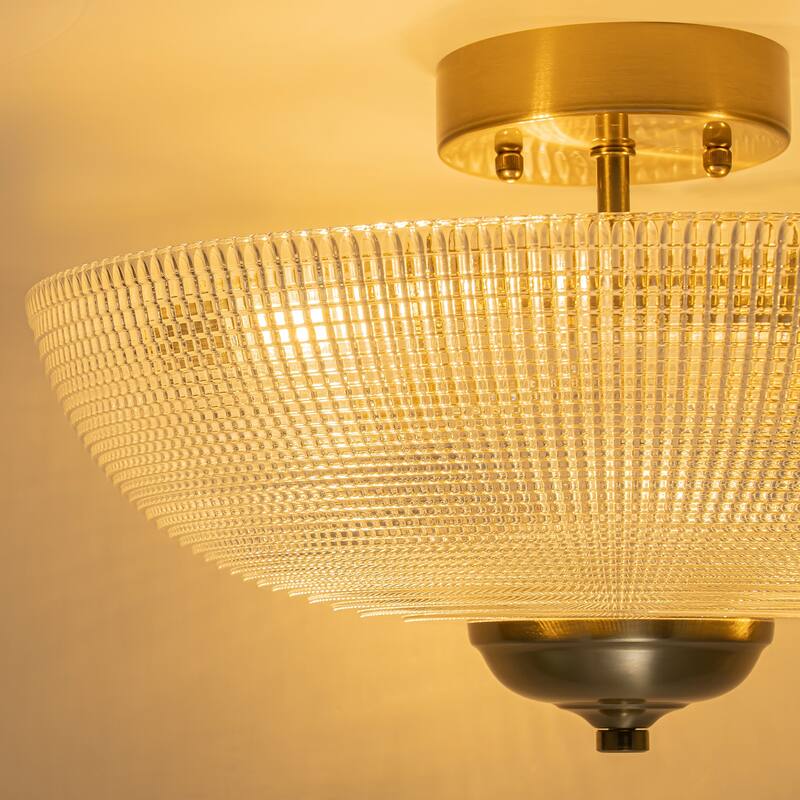 Industrial 3-Light Gold Semi Flush Mount Lights with Grid Textured Glass - Brass