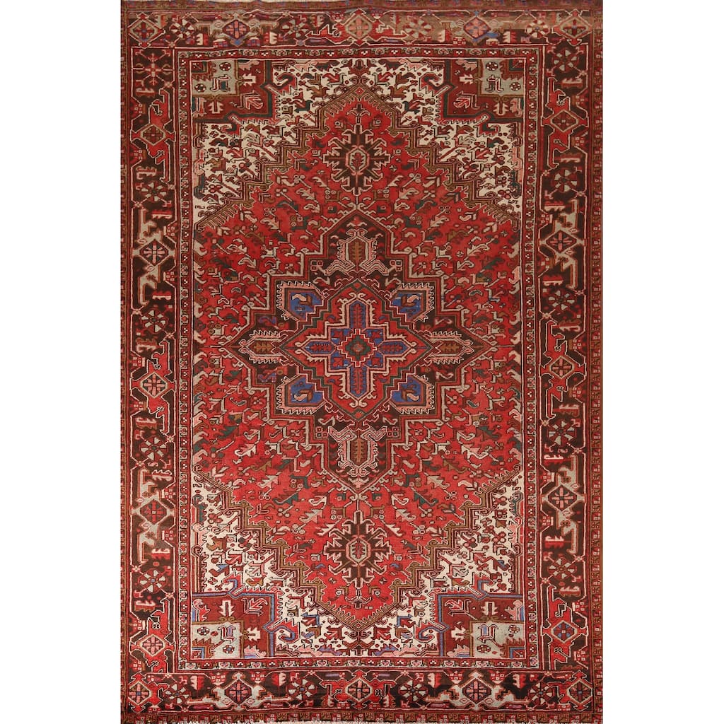 Geometric Heriz Persian Vintage Area Rug Hand-Knotted Red Wool Carpet - 7'5"x 10'9"