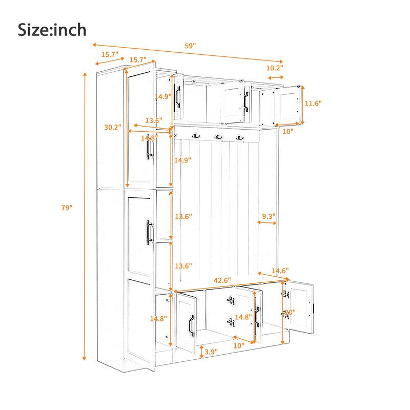 79'' Tall Modern 4-in-1 Hall Tree with Bench, 6 Cabinets, Adjustable Shelves & Coat Hooks for Entryway, Hallway, Living Room