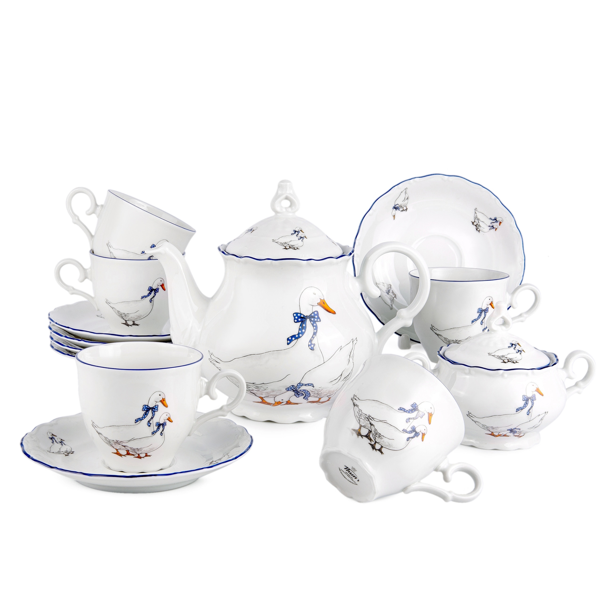 Goose Family White Porcelain Tea Set of 14 for 6 pers.