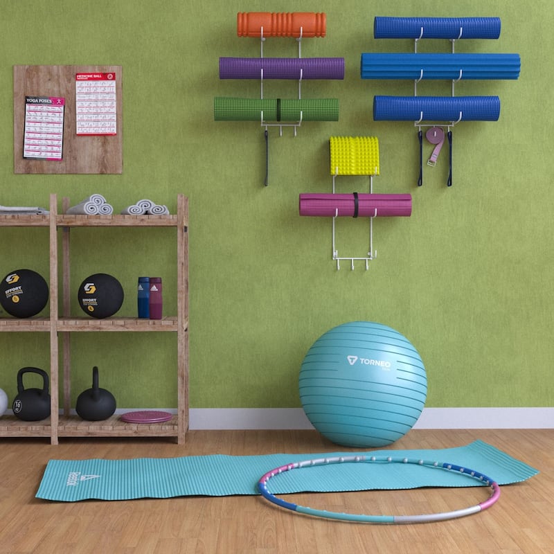 Wall Mount Yoga Mat Holder and Foam Roller Rack with 3 Hooks (Set of 3)