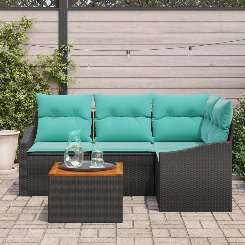 vidaXL 5 Piece Garden Sofa Set with Cushions Black Poly Rattan Acacia - 70.3×48.6×27.2