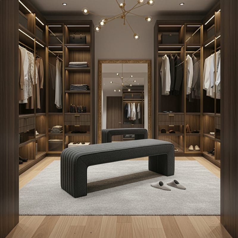 Benicia Gray Boucle Upholstered Fabric Tufted Bench