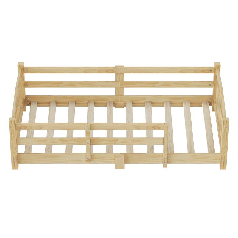 Roomfitters Montessori Floor Bed with Guardrails, Solid Wood Low Platform Bed with Slats, Easy Assembly