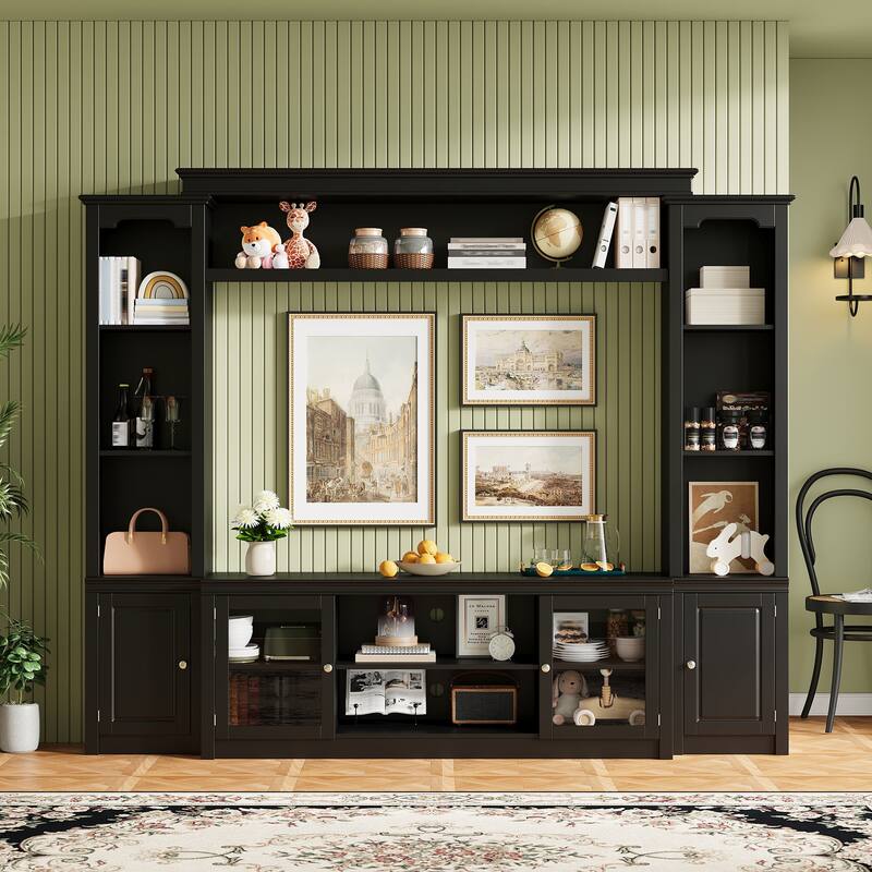 Wall Unit TV Stand with Bookshelves for TVs up to 65", Wood TV Console Table Media Entertainment Center with Storage Cabinet - Black