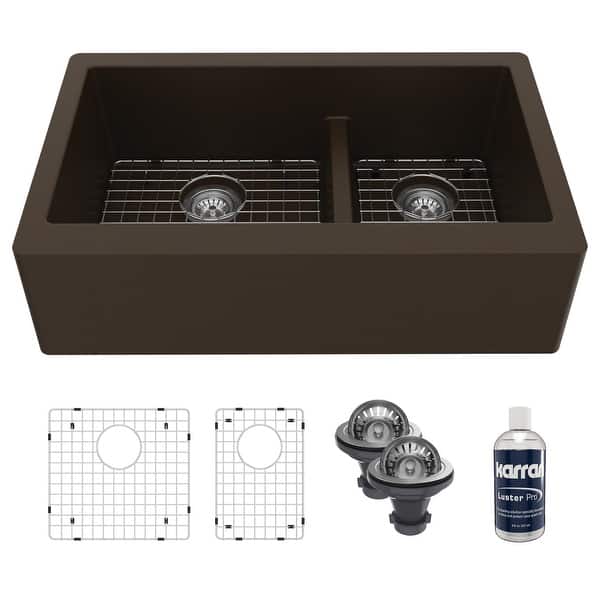 slide 2 of 19, Karran Farmhouse/Apron-Front Quartz Double Bowl Kitchen Sink Kit Brown