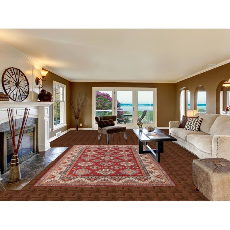 Geometric Kazak Area Rug Hand-Knotted Red Wool Carpet - 6'5" x 9'10"