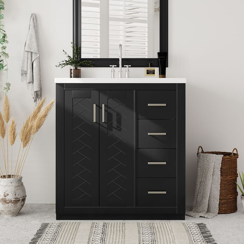 30'' Bathroom Vanity with Resin Sink Combo,Solid Wood Frame Bathroom Storage Cabinet with 3 Drawers& 2 Soft Closing Doors - Black